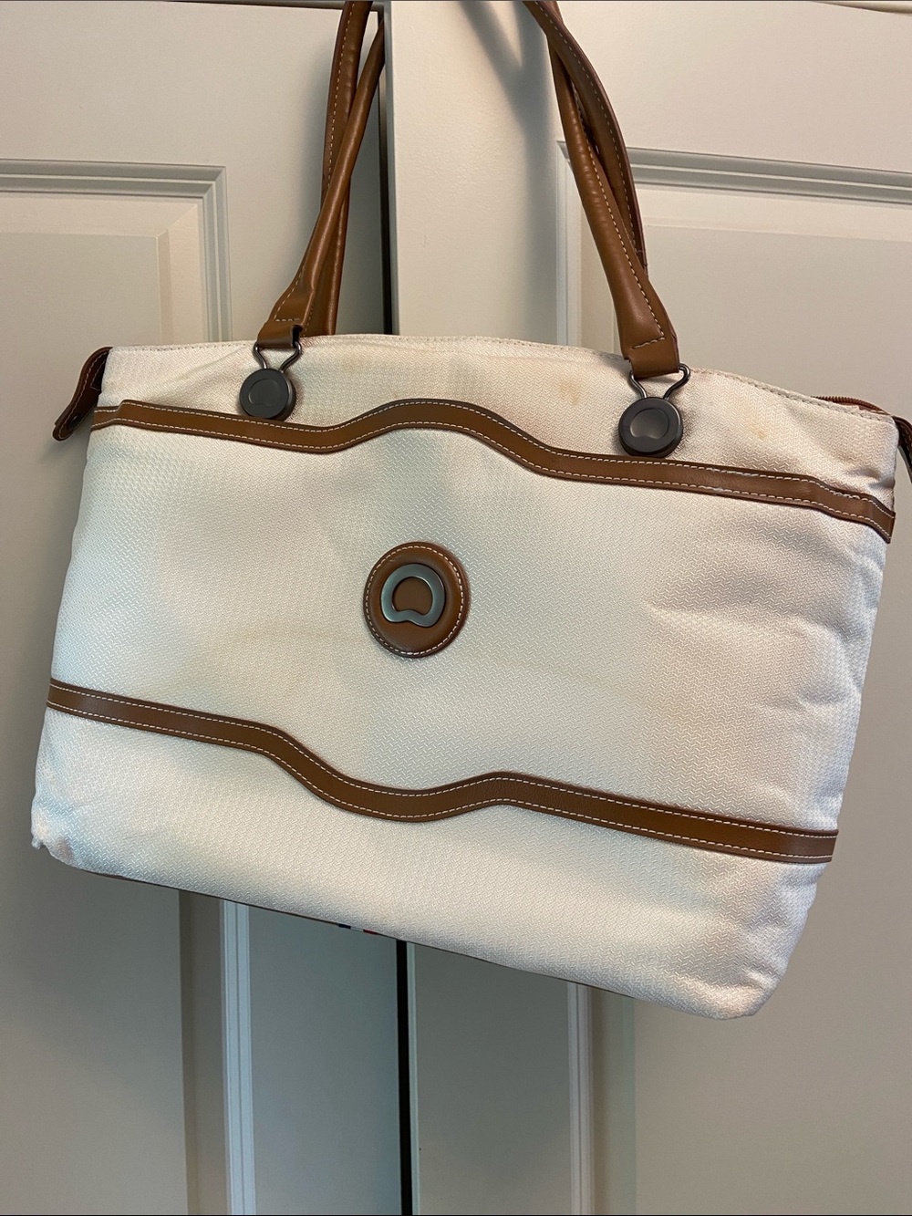 Cream Tote Bag with Brown Trim and Handles